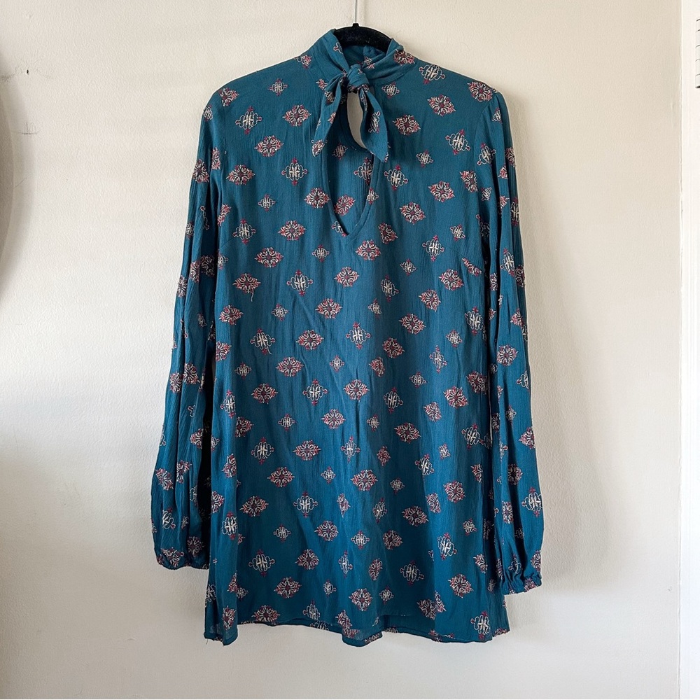Tularosa Long Sleeve Teal Embroidered Mini Dress - Tie Neck & Elastic Cuffs